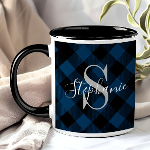 Mug Marine Bleu Buffalo Plaid Rustique Nom du monogram