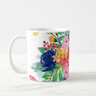 Mug Marine bleu et rouge aquarelle boho chic Fleurs