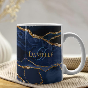Mug Marine Blue Agate Géode Monogramme Moderne