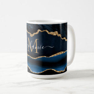 Mug Marine Blue Gold Marble Lettre personnalisée Nom M