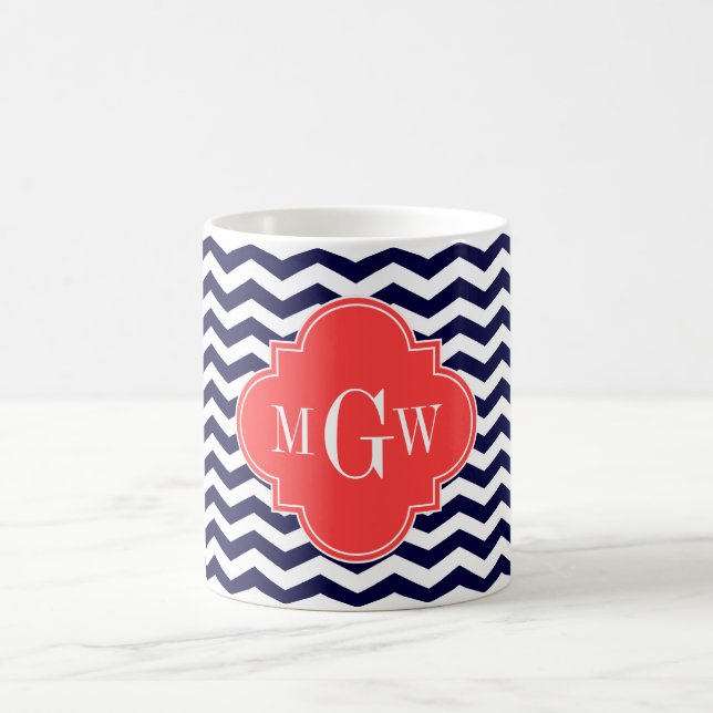 Mug Marine Chevron Coral Red Quatrefoil 3 Monogramme T (Centre)