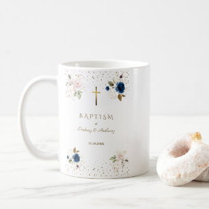 Mug Marine rose bleu Floral Gold Cross jumeaux Baptême