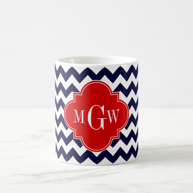 Mug Marine White Chevron Red Quatrefoil 3 Monogramme (Centre)