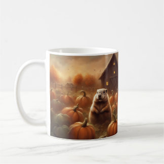 Mug Marmotte debout dans un champ de citrouilles au co