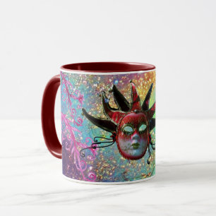 Mug MASQUE JESTER ROUGE NOIR Mascarade bleu rose flora