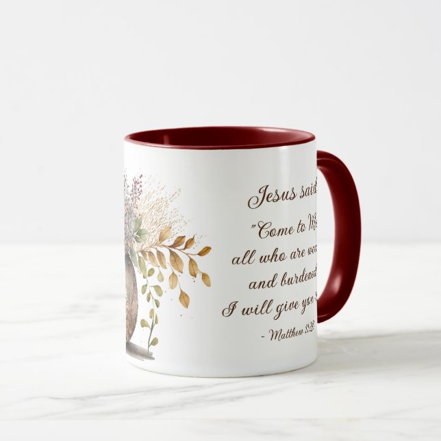 Mug Matthieu 11:28 Jésus dit : Viens vers moi, Bible V (Devant droit)