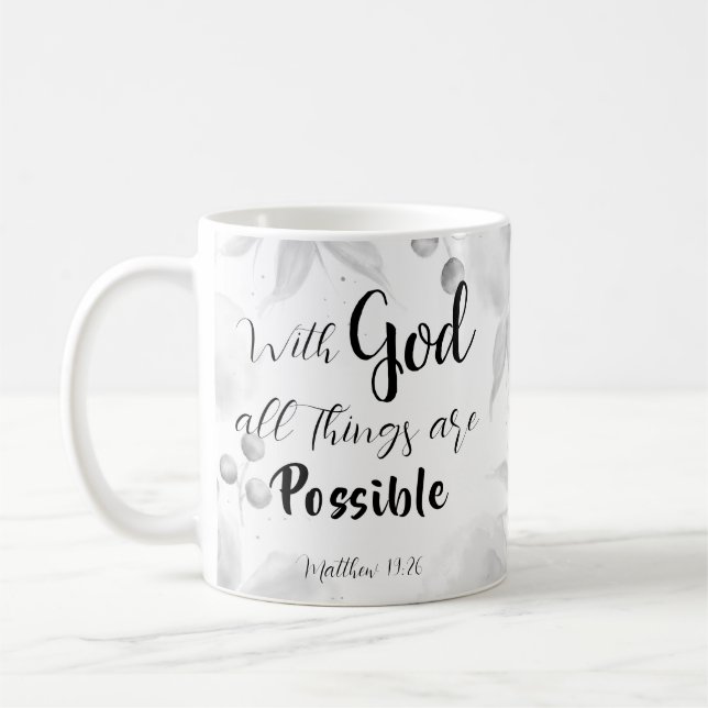 Mug Matthieu 19:26 Moderne Noir Blanc Aquarelle Floral (Gauche)