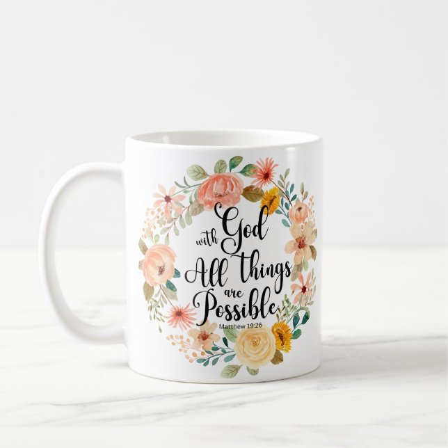 Mug Matthieu 19:26 Possible avec Dieu Écriture Florale (Gauche)