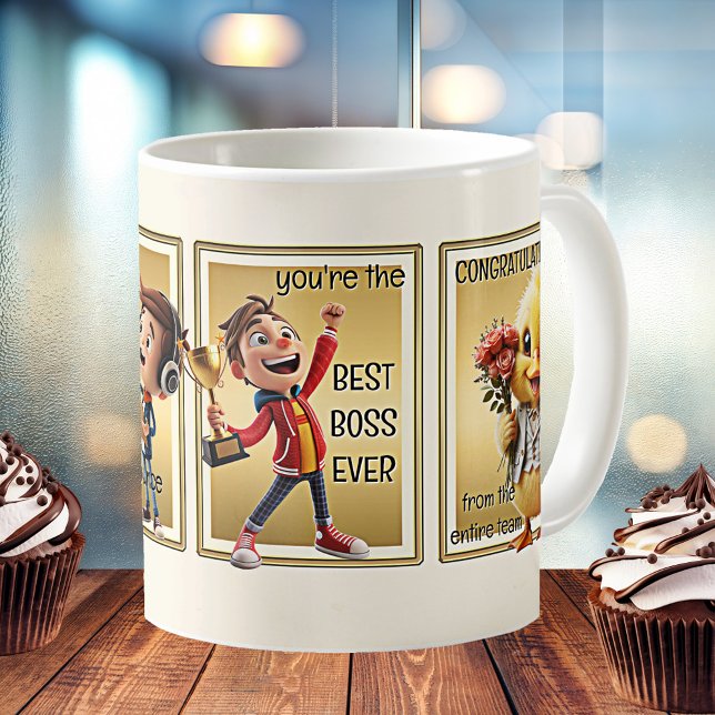 Mug Meilleur Boss Dessin Pour Le Fun (Mug featuring cute cartoon characters announcing the best boss ever.)