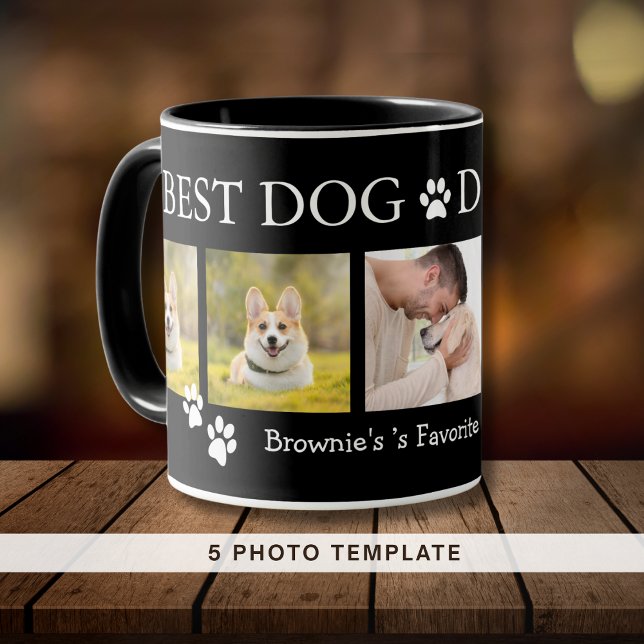 Mug Meilleur Chien Papa Jamais 5 Photo Collage Nom de  (Best Dog Dad Ever 5 Photo Collage Pet Name Black Mug)