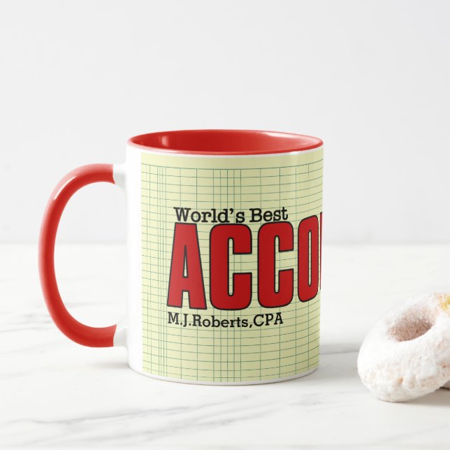 Mug Meilleur comptable mondial avec grand livre et nom (Avec donut)