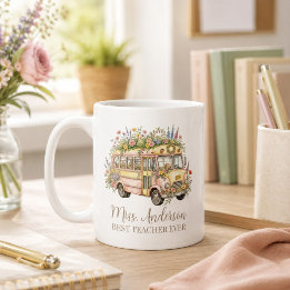 Mug Meilleur Enseignant avec Nom École Bus Aquarelle