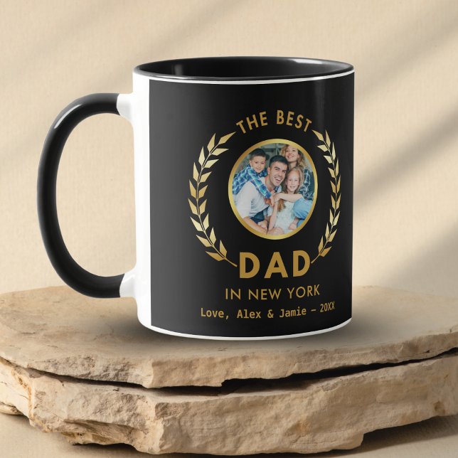 Mug Meilleur papa à New York Photo personnalisée Noir  (Créateur téléchargé)
