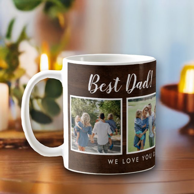 Mug Meilleur papa ! Photos Collage Message Bois foncé (Best dad script font with 6 family photo slots, along with a custom message for your number 1 Dad.)