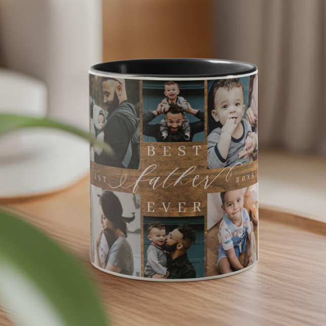 Mug Meilleur Père Jamais Woodgrain Photo Collage Garde (Best Father Ever Woodgrain Photo Collage Keepsake Mug)