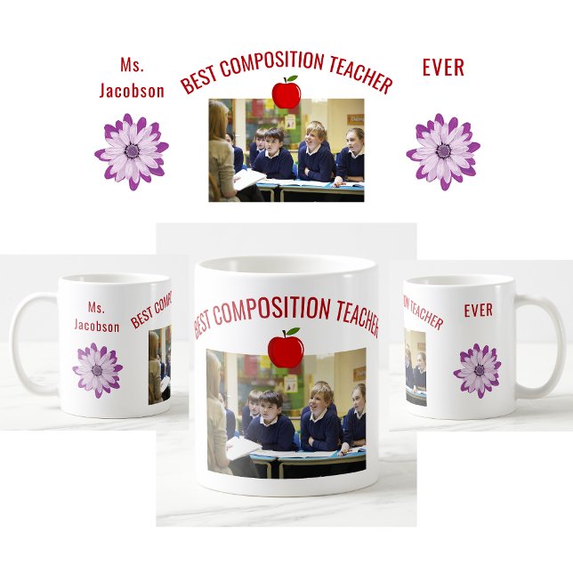 Mug Meilleure composition Nom de l'enseignant Photo Ap (Best Composition Teacher Ever photo mug. Name. Flowers. Apple. Modern, cute teacher appreciation mug)