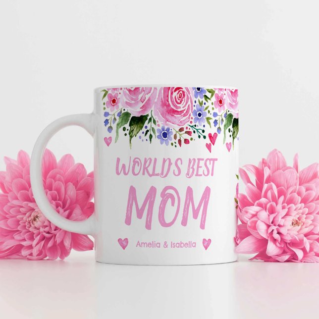 Mug Meilleure maman du monde Noms des enfants Aquarell (World's Best Mom Kid's Names Watercolor Floral Coffee Mug)