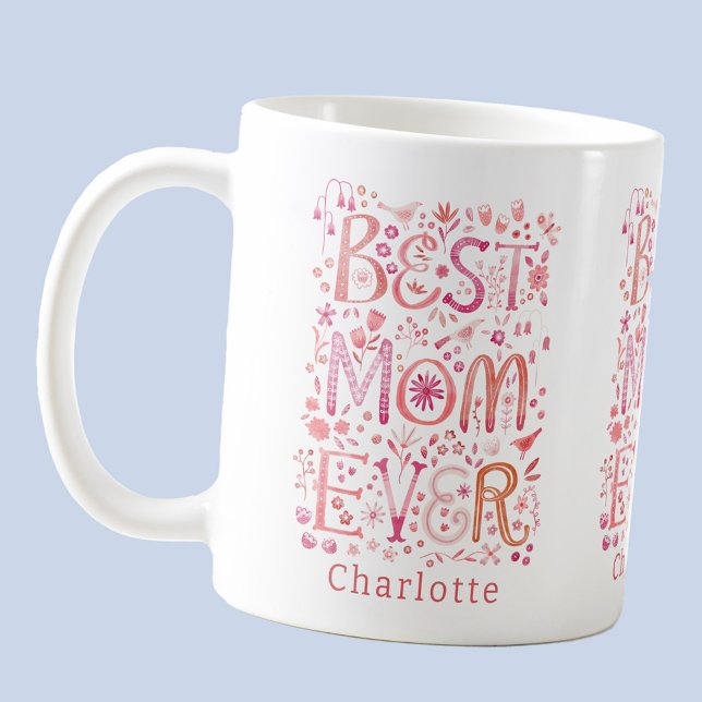 Mug Meilleure maman jamais personnalisée (Best Mom Ever personalized name coffee mug with watercolor hand lettering)