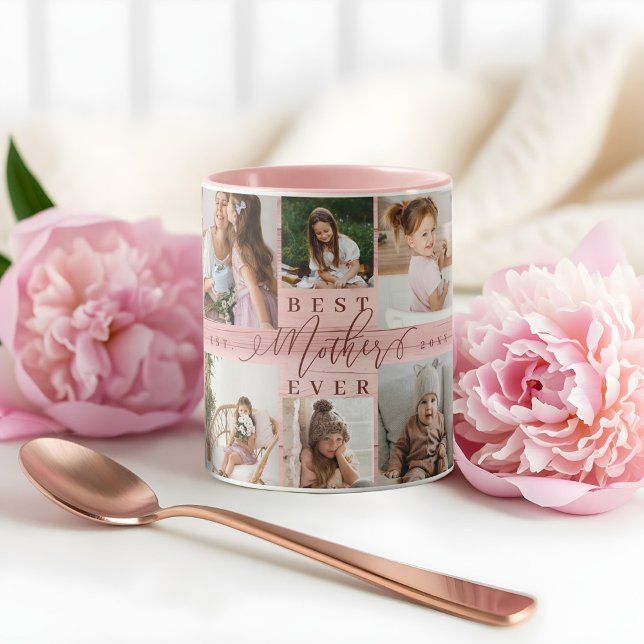 Mug Meilleure Mère Jamais Photo Collage Pink Woodgrain (Best Mother Ever Photo Collage Pink Woodgrain Mug)