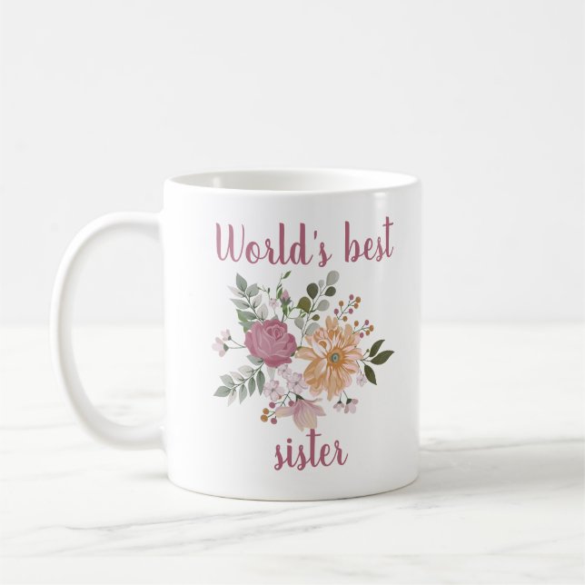 Mug Meilleure soeur du monde, élégantes fleurs (Gauche)