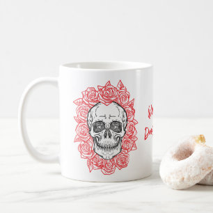 Mug Memento Mori ! Crâne et Roses, main tirée