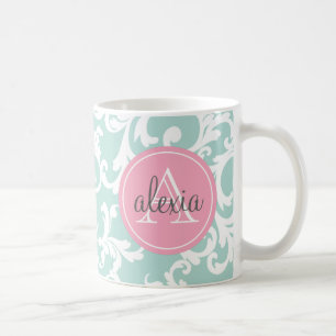 Mug Menthe et copie décorée d'un monogramme de damas