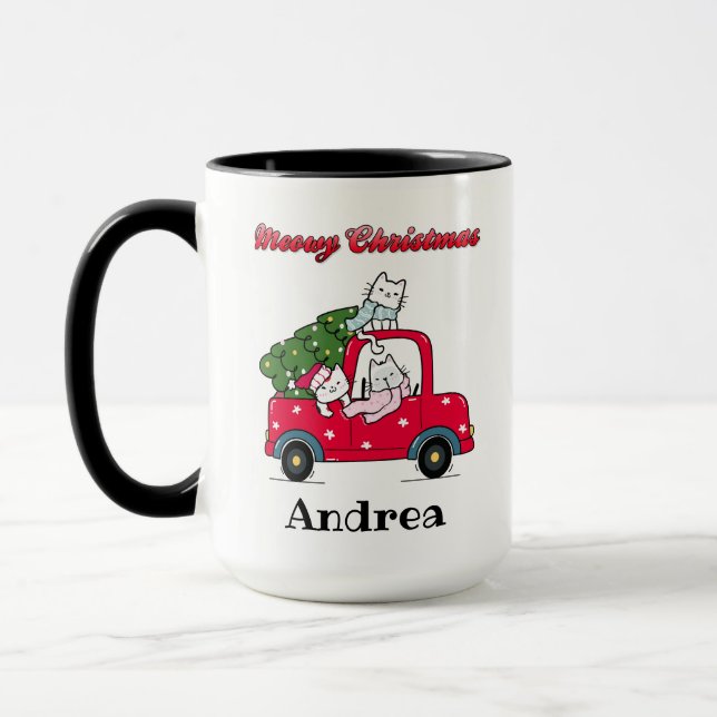 Mug Meowy Christmas Cute Truck Chats Votre Nom (Gauche)
