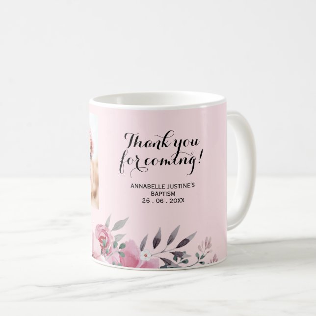 Mug Merci rose doux pour venir! Photo du baptême (Devant droit)