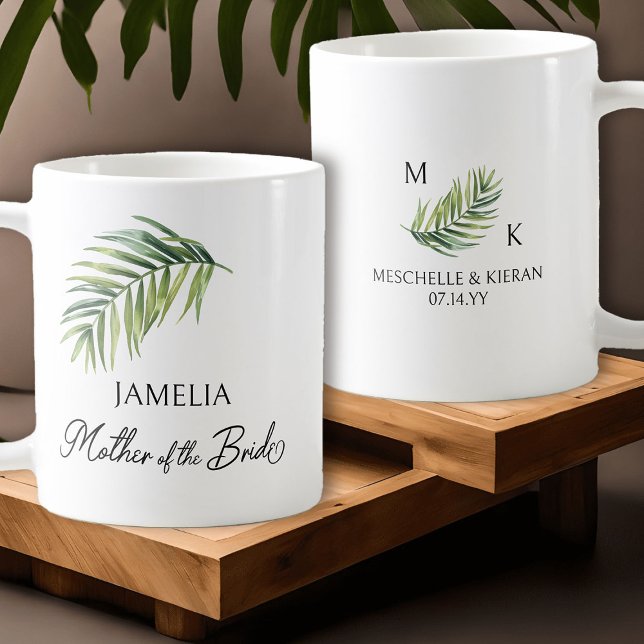 Mug Mère de la mariée Palm Leaf Mariage parent (Mother of the Bride coffee mug with tropical palm leaf and calligraphy)