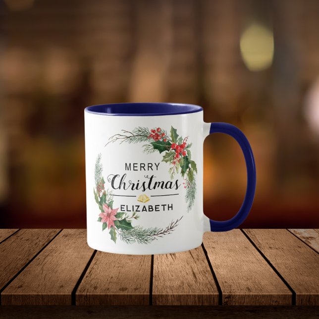 Mug Merry Christmas Floral Wreath and Script Navy Blue (Créateur téléchargé)