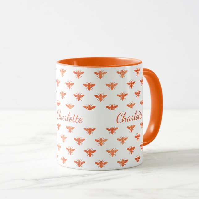 Mug Miel abeilles or blanc script monogramme (Devant droit)