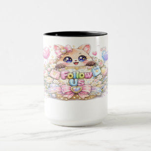 Mug Mignon Kawaii Suivez-Nous Chat Pastel Rose Réseaux