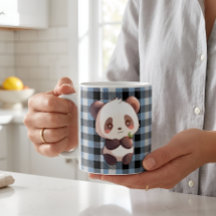 Mignon Panda Kawaii Ours Plaid Bleu Buffalo