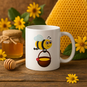 Mug Mignonne Bee transportant un pot de miel avec fleu