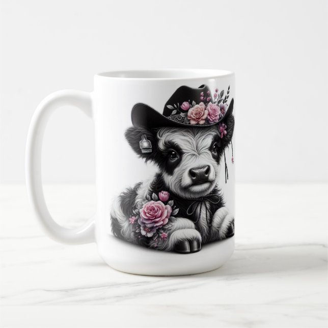Mug Mignonne Veau Portant Casquette orné de fleurs (Gauche)