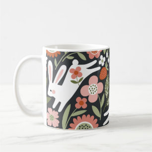 Mug Mignons lapins blancs, motif vintage fleuri.