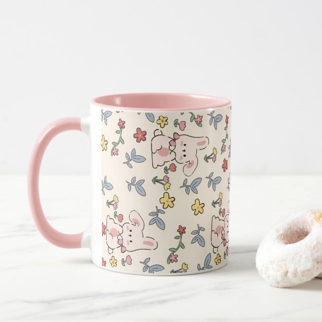 Mug Mignons Lapins, Fleurs Et Feuilles (Avec donut)