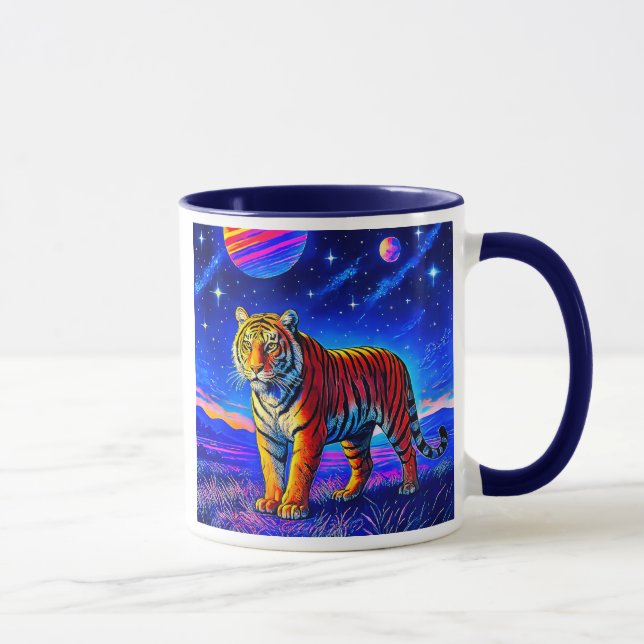 Mug mit starkem Tiger unter einem Sternenhimmel. Tasse (Rechts)