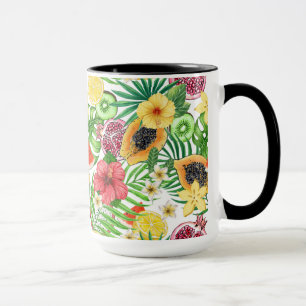 Mug Mix-fruit tropical, fleurs et feuilles sur blanc