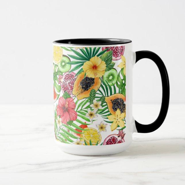 Mug Mix-fruit tropical, fleurs et feuilles sur blanc (Droite)
