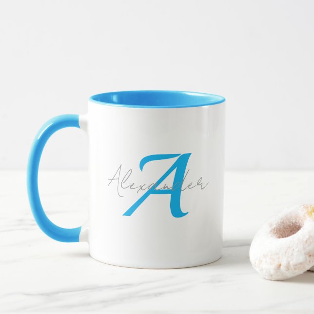 Mug Modern Blue Monogram & Script Name Personalized  (Avec donut)