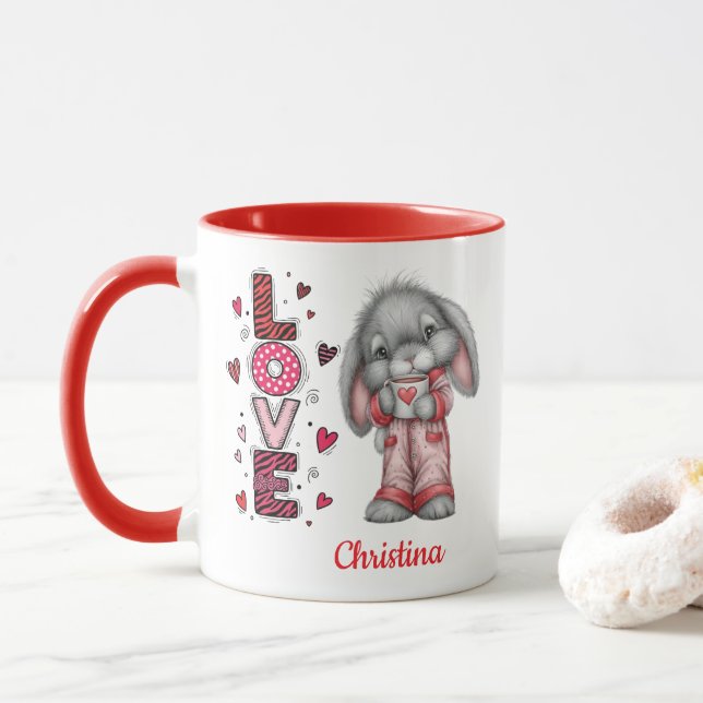 Mug Modern Cute Love Bunny Valentines Day Name  (Avec donut)