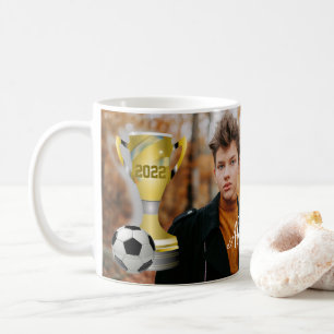 Mug Modern Grey Soccer Sports Photo & Nom pour lui