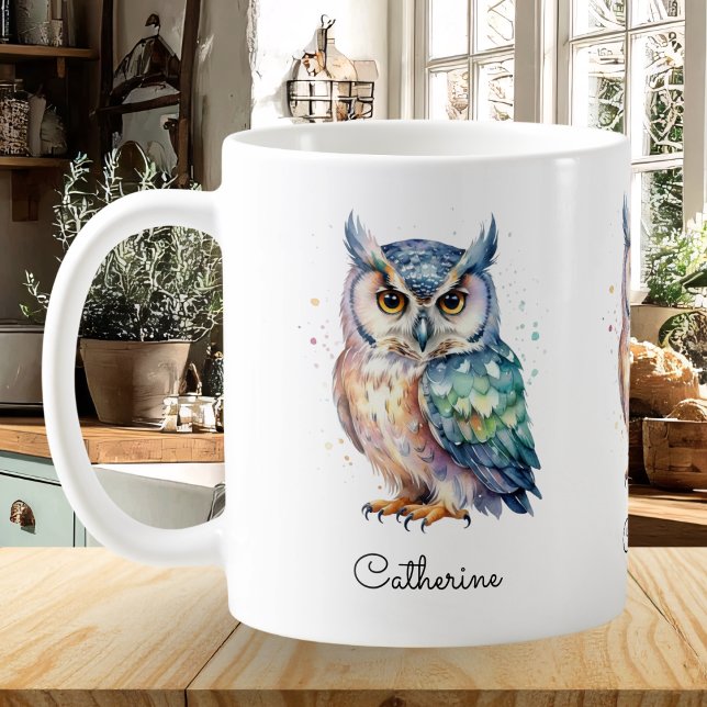 Mug Modern Watercolor Owl Custom Name (A personalized offee mug with owl illustration in a watercolor style)
