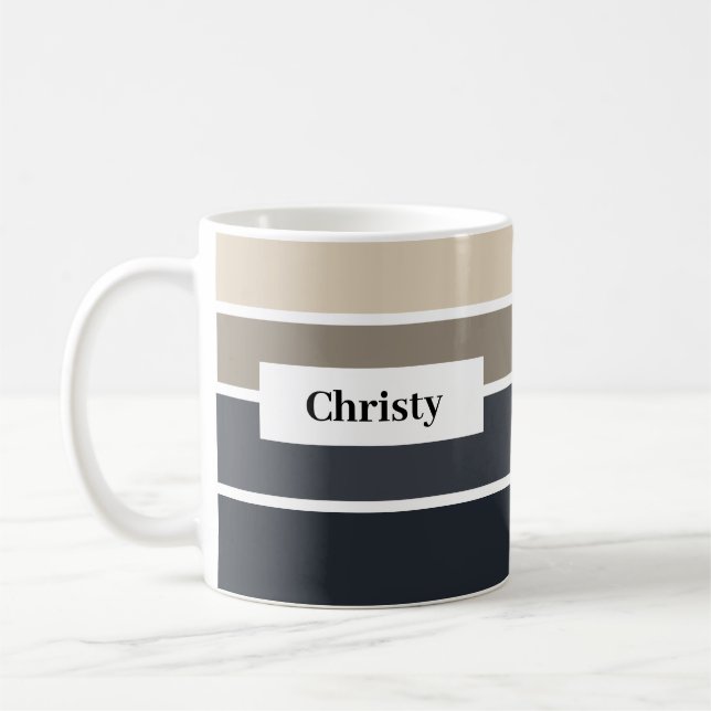 Mug Moderne Black Grey Beige Strip Nom Personnalisé (Gauche)
