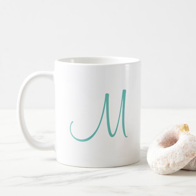 Mug Moderne Elegant Lumière Turquoise Blanc Initial Mo (Avec donut)