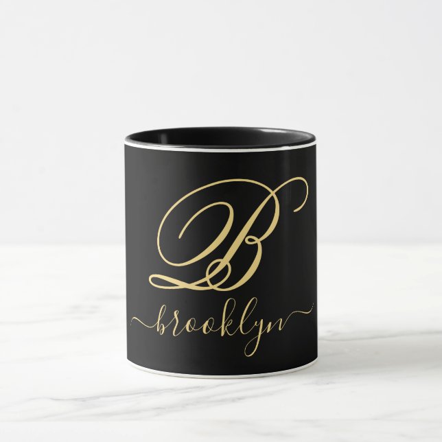 Mug Moderne Elegant Noir Or manuscrit Monogramme (Centre)