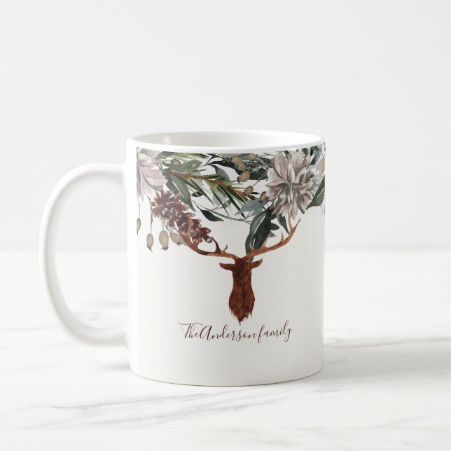 Mug Moderne feuillage fleuri rustique vacances de cerf (Gauche)