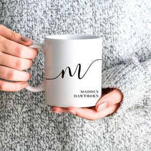 Mug Moderne Monogramme Script Calligraphie noir blanc