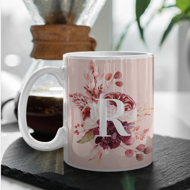 Mug Moderne Pastel Rose & Flore Rouge Avec Initiale (Créateur téléchargé)